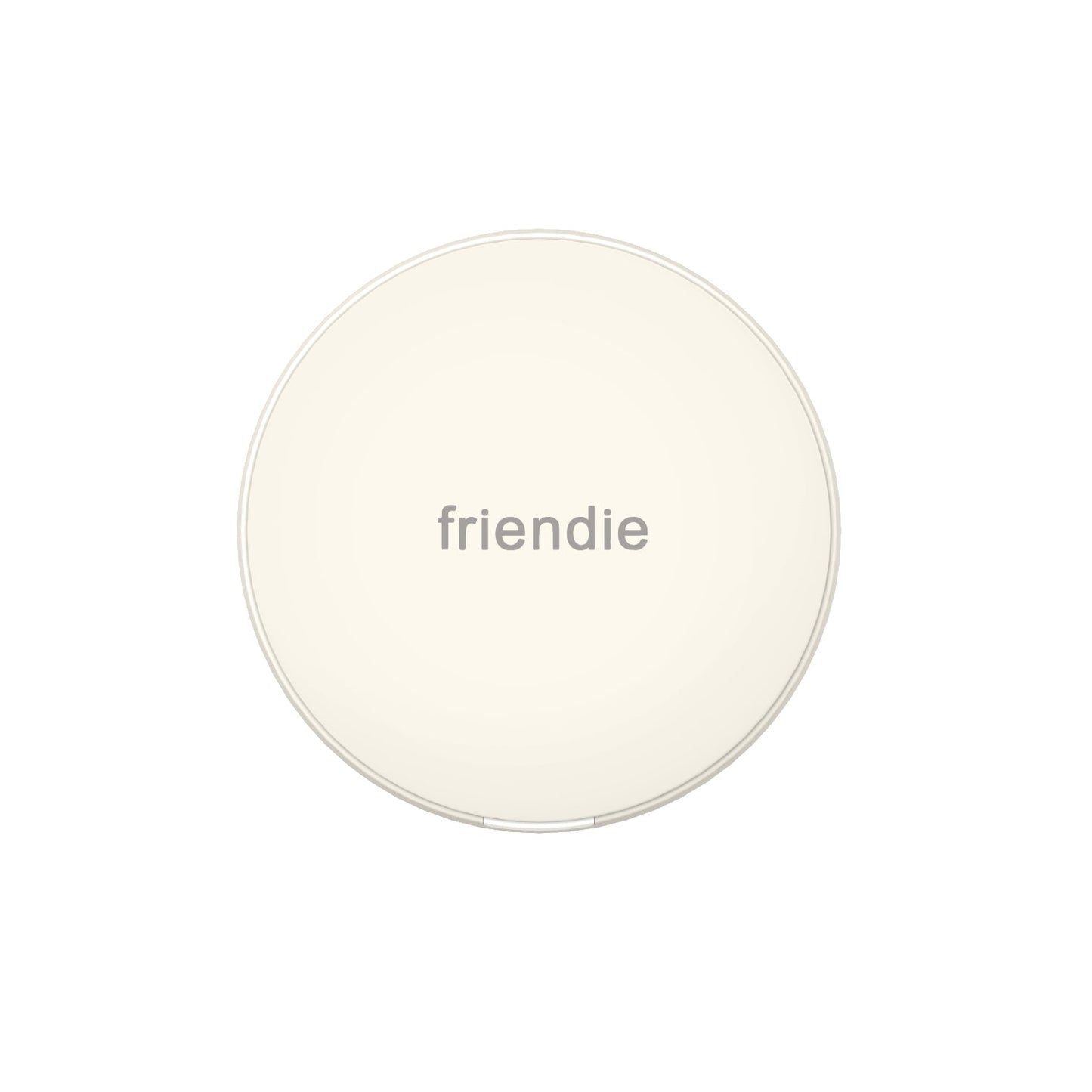 Round white object with 'friendie' branding on a white background
