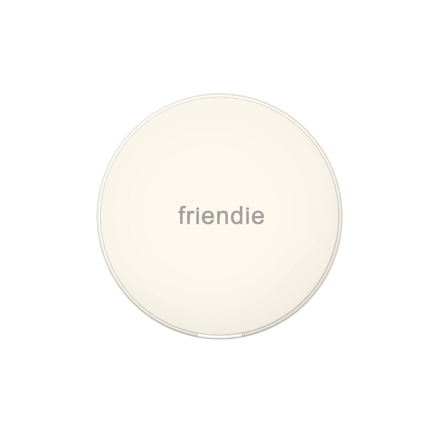 Round white object with 'friendie' branding on a white background