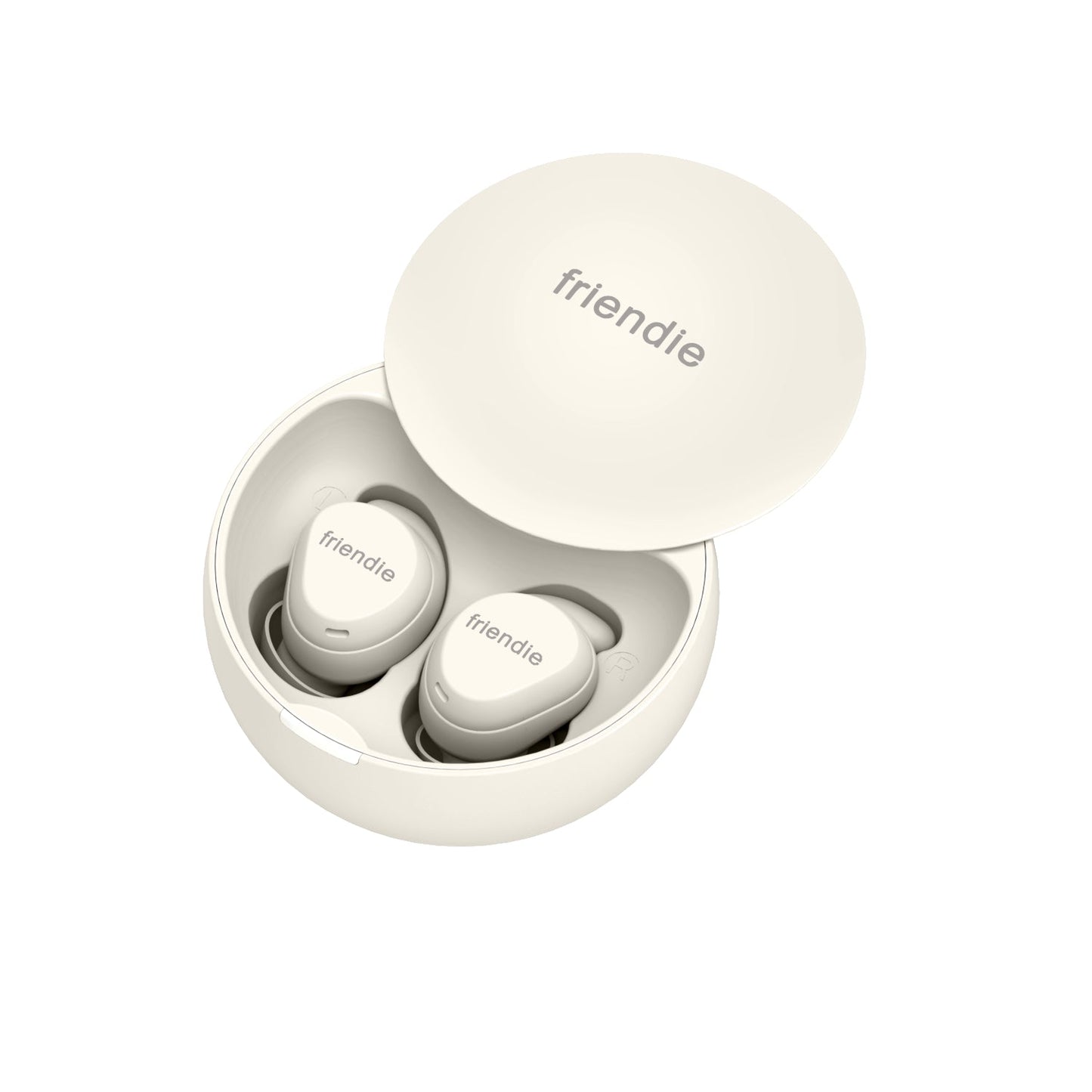 White wireless earbuds in a matching charging case on a white background