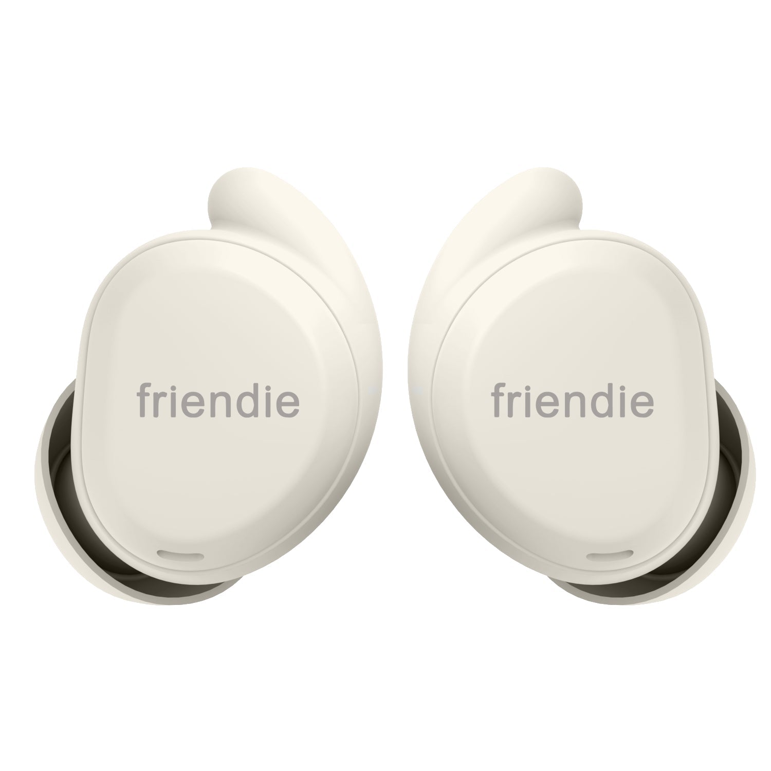 White wireless earbuds with 'friendie' branding on a white background