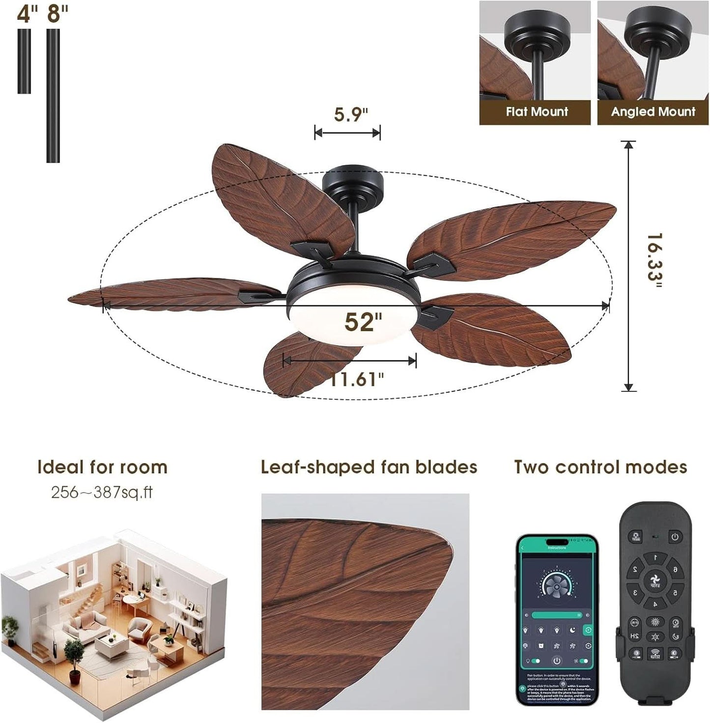 Ceiling fan with leaf-shaped blades, measurements, and control options on a white background