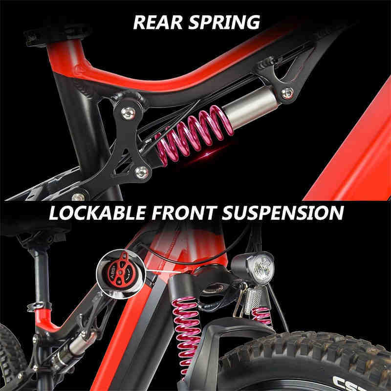 Close-up of a bicycle with labeled rear spring and lockable front suspension on a black background.