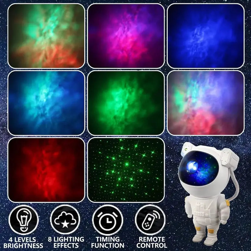 Astronaut toy with colorful light effects on a starry background