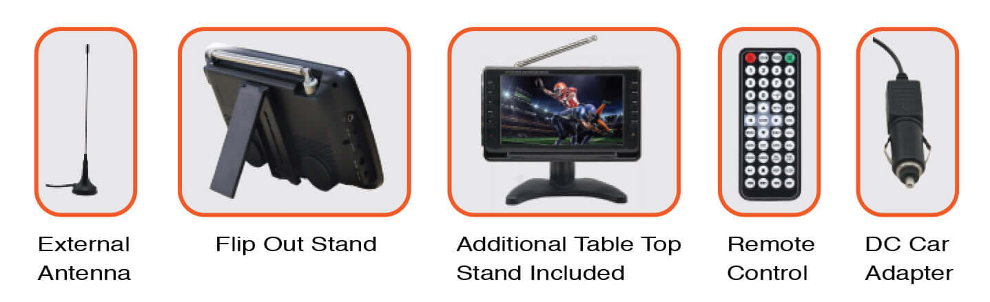 Set of electronic accessories including an external antenna, flip out stand, additional table top stand, remote control, and DC car adapter.