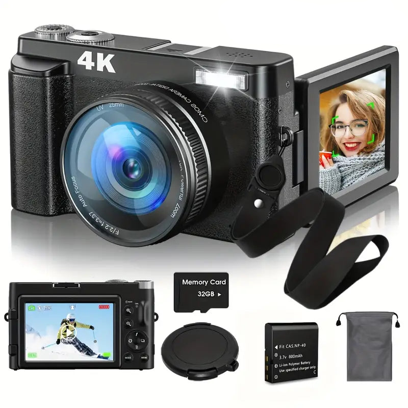 Digital camera with screen, memory card, battery, and case on a white background
