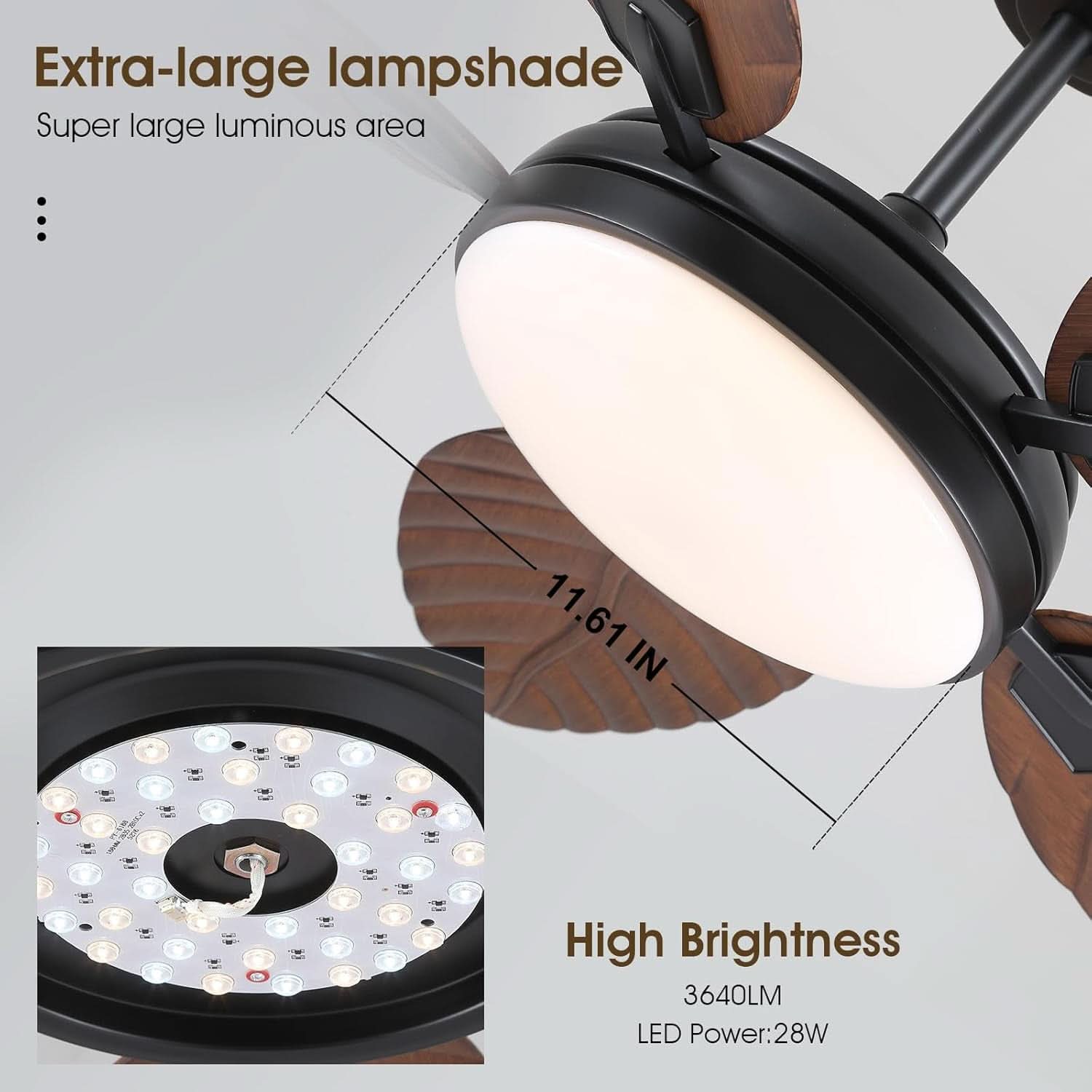 Ceiling light fixture with extra-large lampshade and high brightness features.