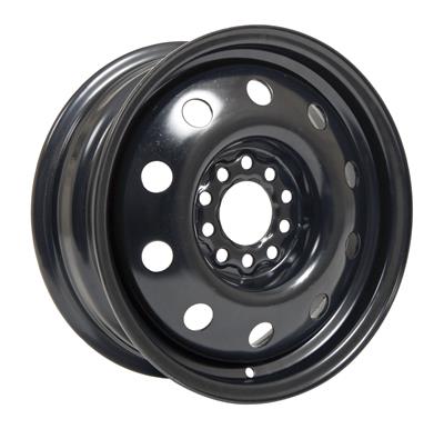 A black steel wheel rim with a multi-hole design, shown at an angle on a plain white background.  Best automotive parts and accessory online shop. Axis-Dynamics.