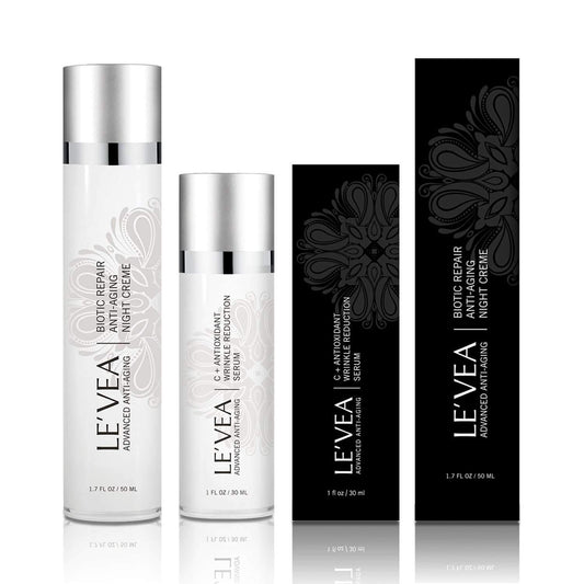 LEVEA skincare product set including bottles and packaging on a white background. Best online retail store. Axis-Dynamics