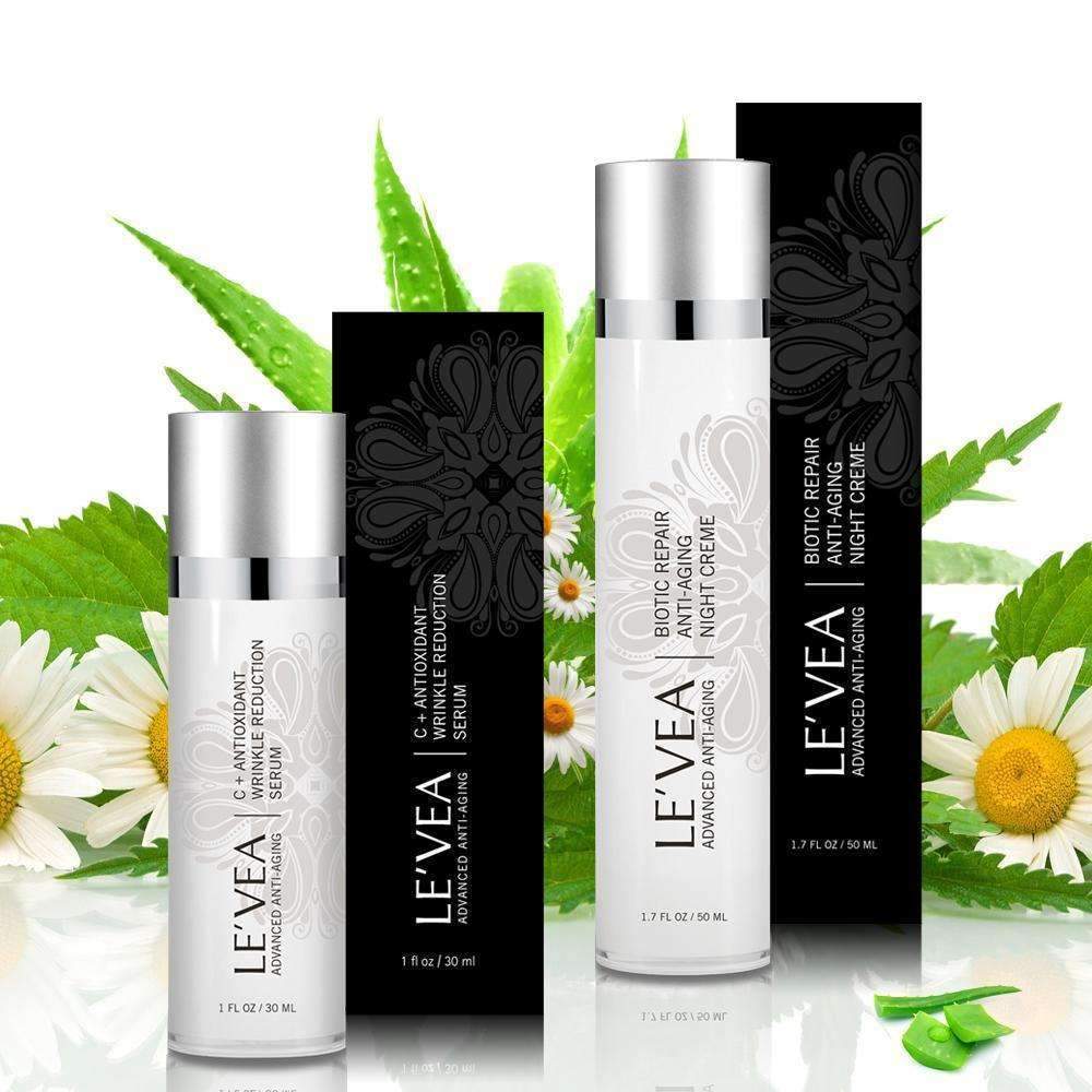 LEVEA skincare products with green leaves and flowers in the background. Best online retail store. Axis-Dynamics