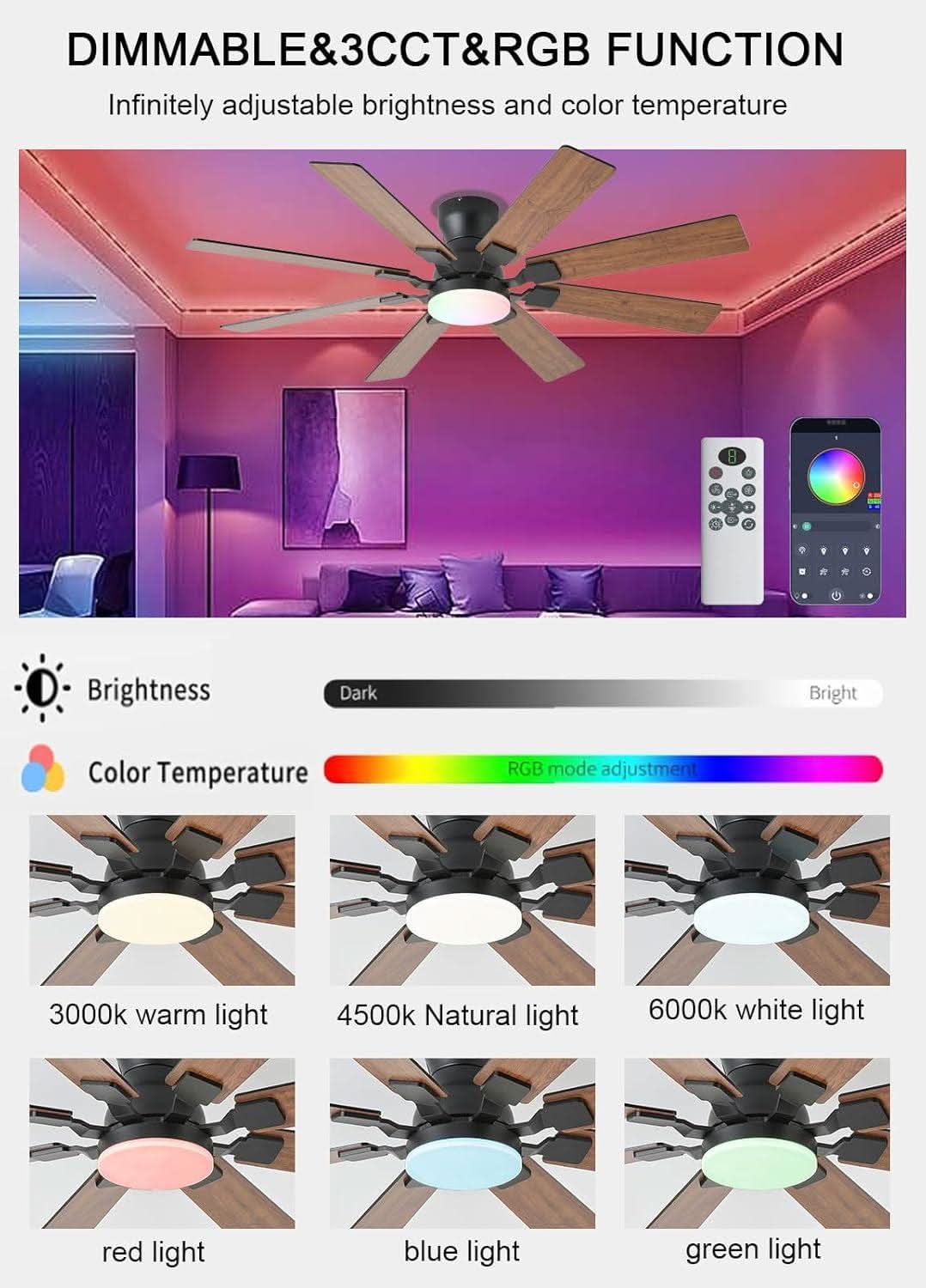 Ceiling fan with RGB lighting control options and color temperature settings.
