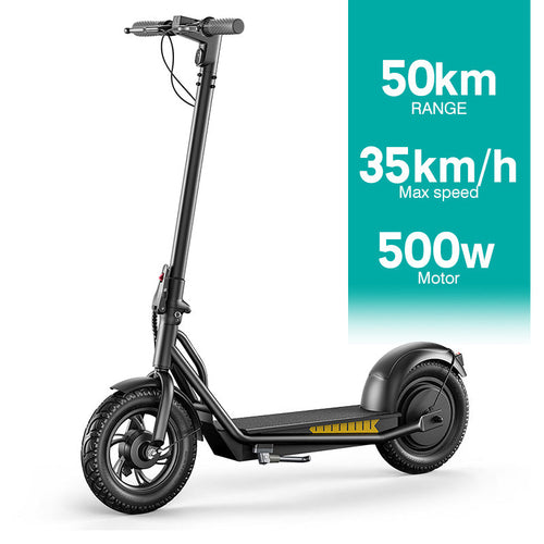 Black electric scooter with performance specifications on a white background. Axis-Dynamics