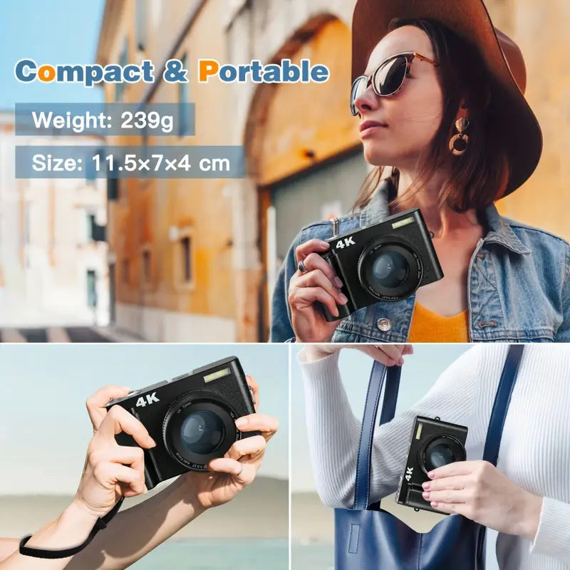 Woman holding a compact camera with text indicating its weight and size, set against an urban background.