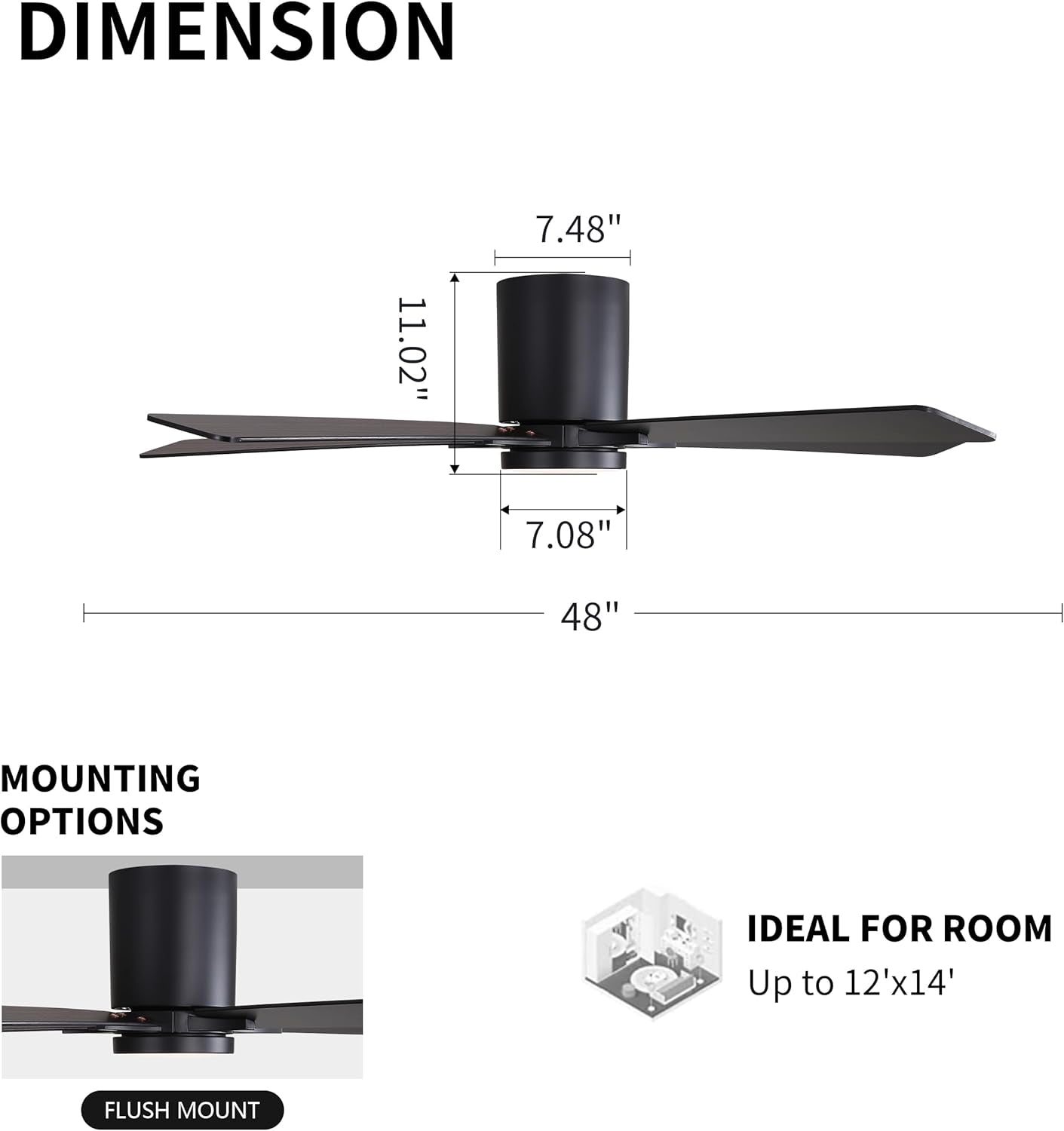 48 Inches Matte Black DC Motor Low Profile Ceiling Fan Lights