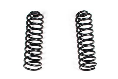 Two black metal coil springs shown upright on a plain white background.  Best automotive parts and accessory online shop. Axis-Dynamics.