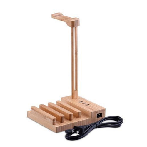 Wooden charging station with multiple ports and a power cord on a white background