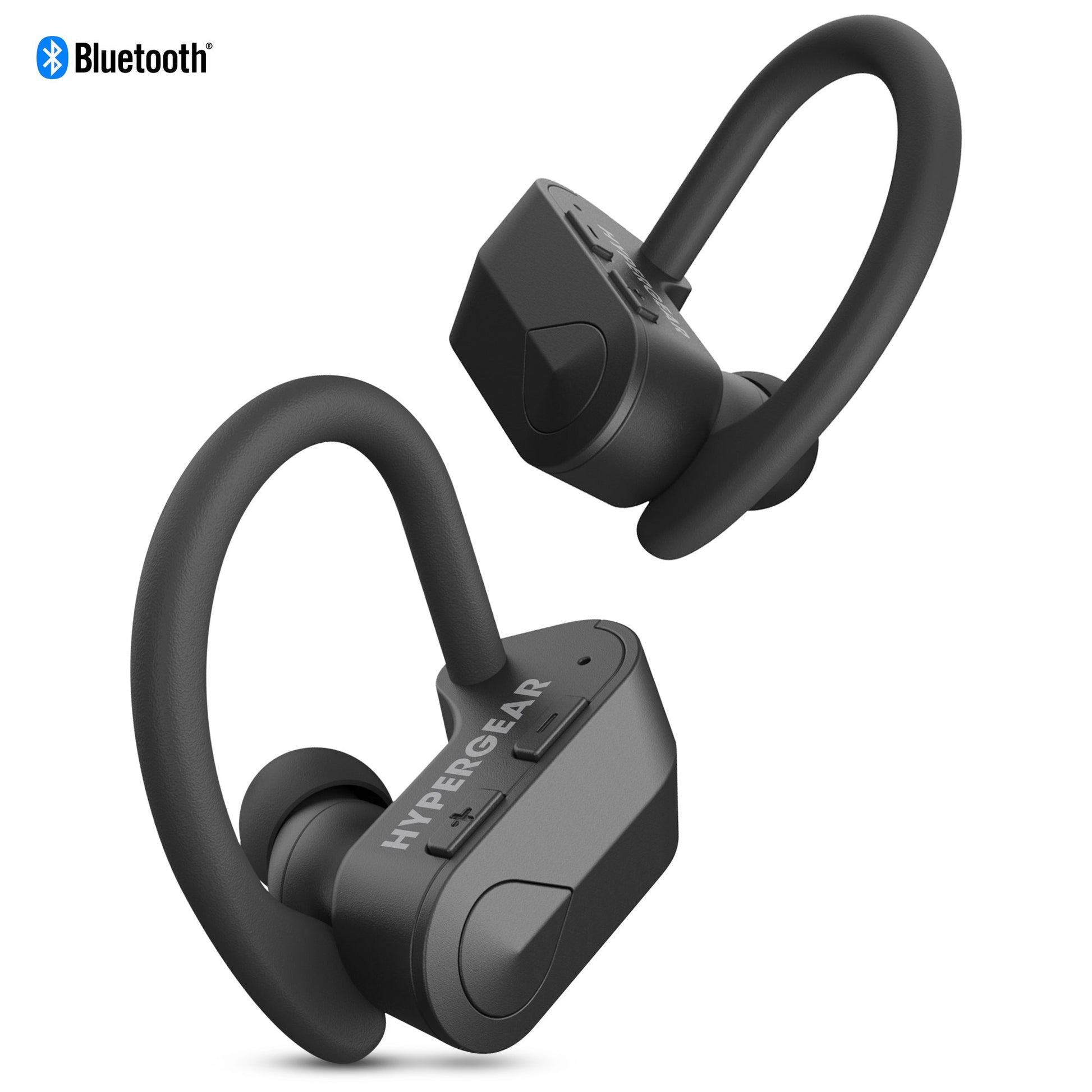 Black wireless earbuds with 'HyperGear' branding on a white background