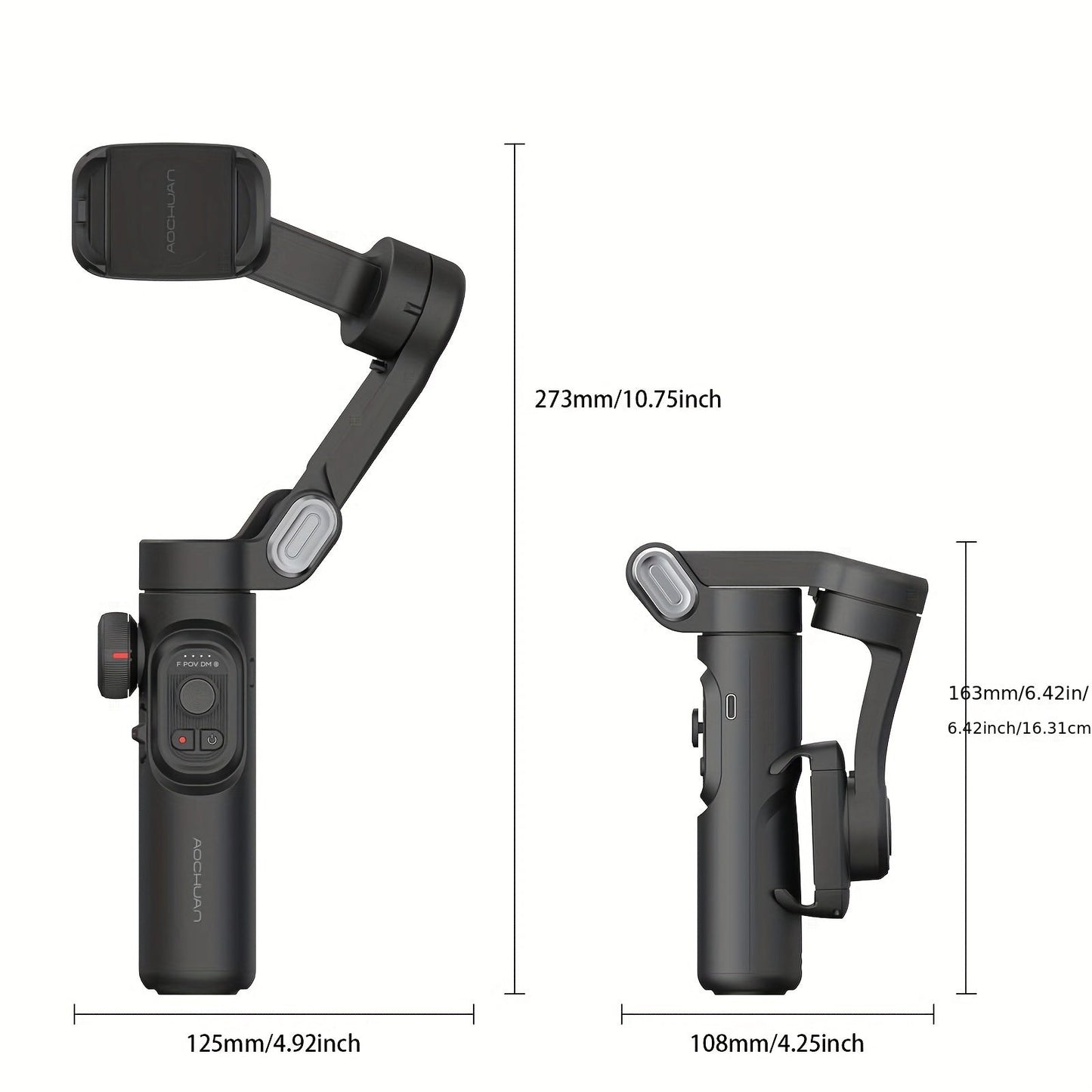 Measurement chart of a camera stabilizer with dimensions labeled.