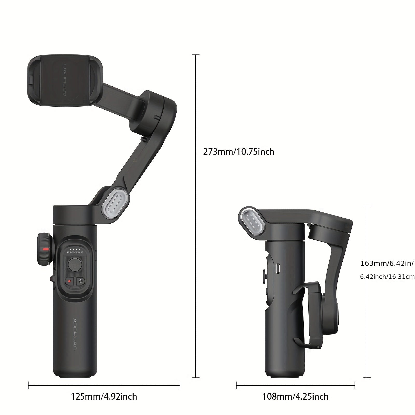 Measurement chart of a camera stabilizer with dimensions labeled.