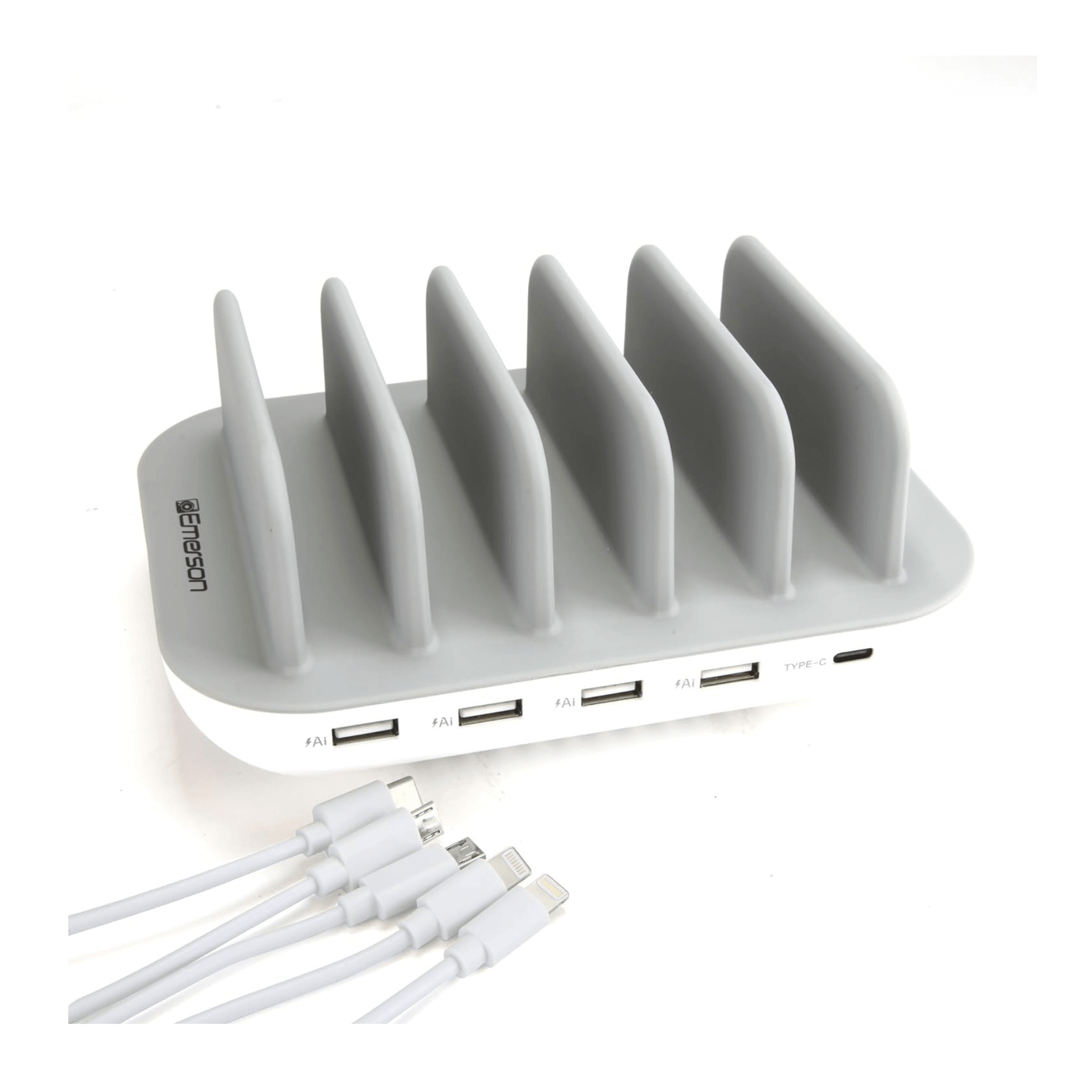 White USB hub with multiple ports and charging cables on a white background