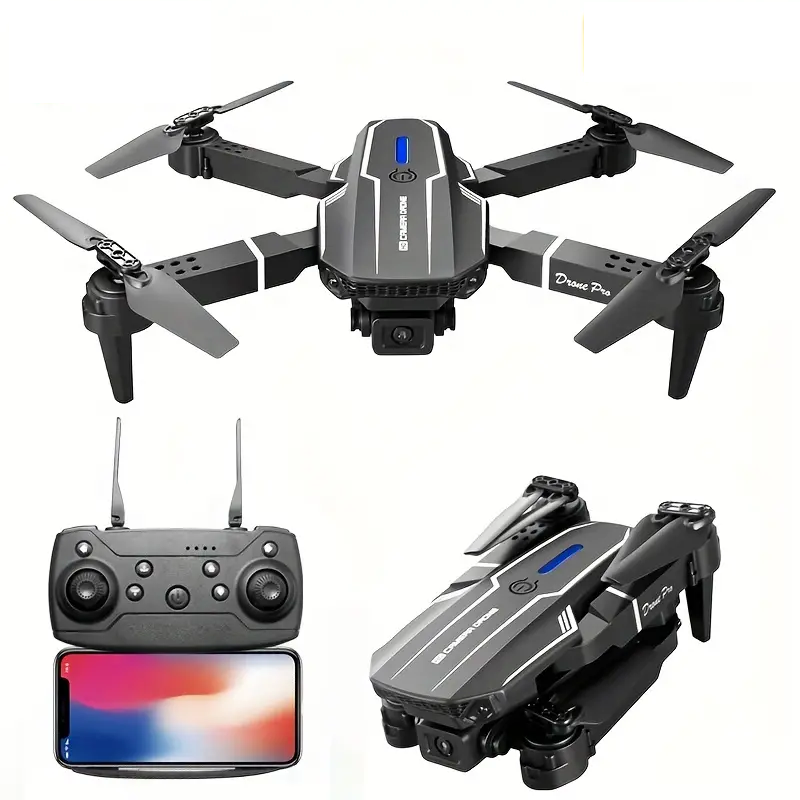 Drone with remote control and smartphone displaying drone app on a white background