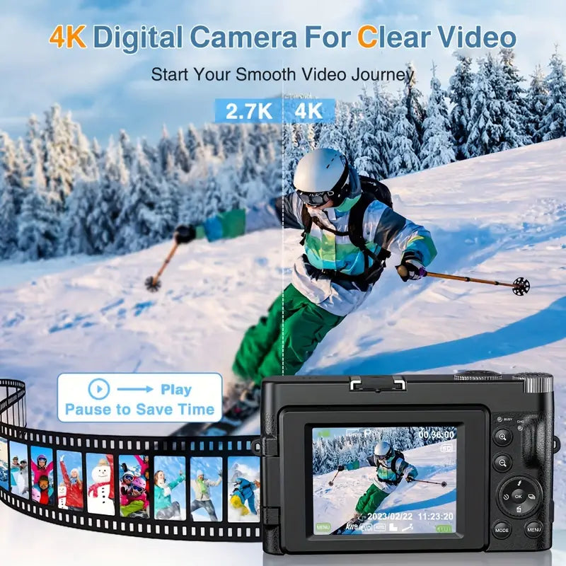 Digital camera being used to record a skier in a snowy landscape with promotional text about 4K video quality.