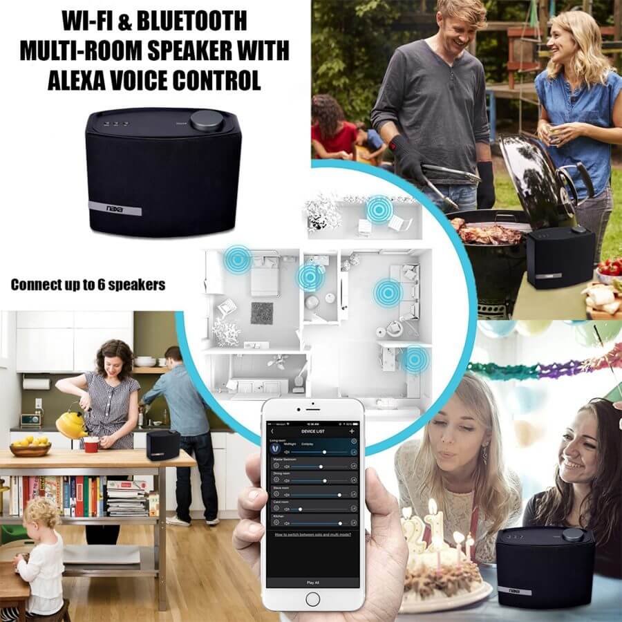 Collage of a Wi-Fi & Bluetooth multi-room speaker with Alexa voice control, showing its use in various settings.