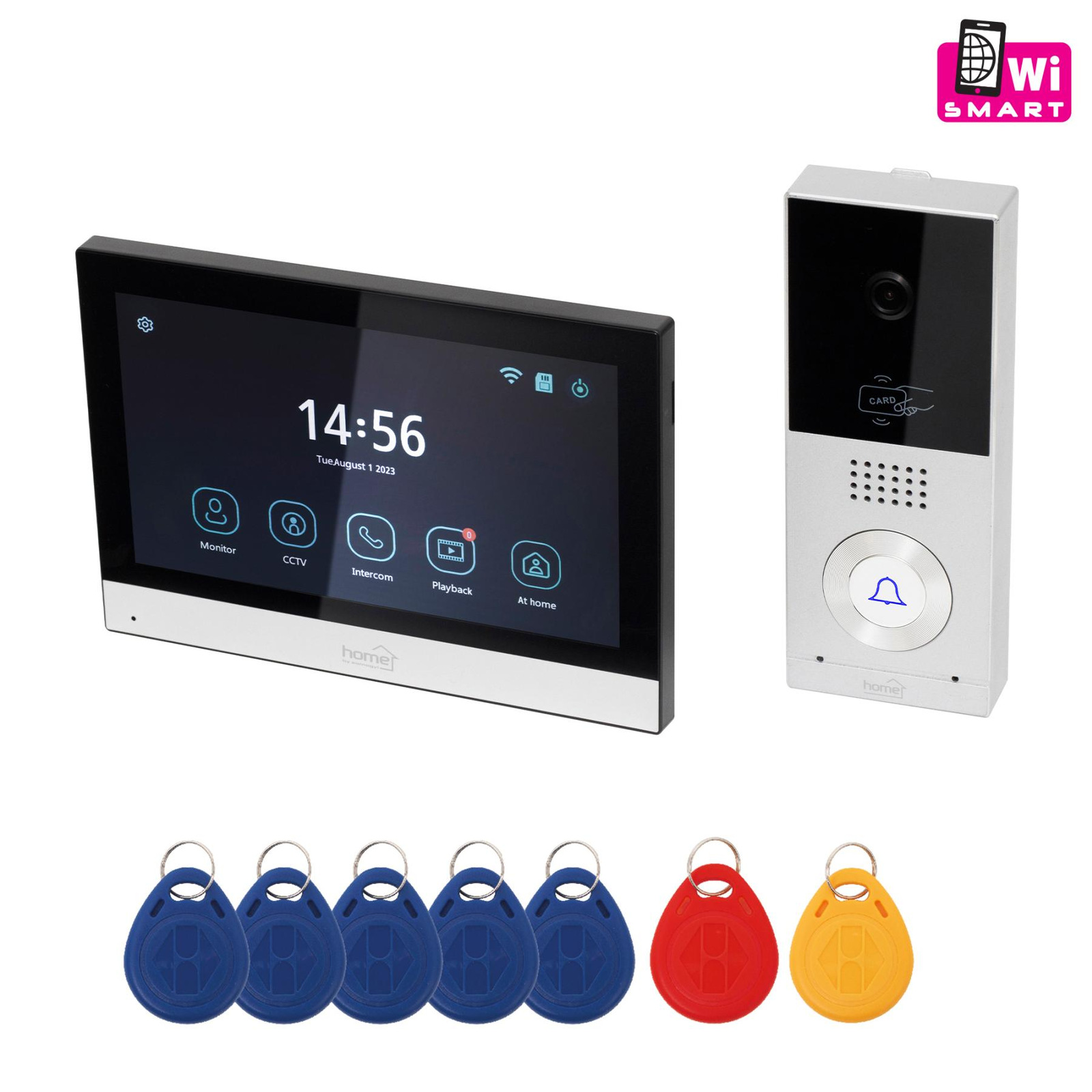 Smart doorbell system with touch screen panel, doorbell unit, and multiple color keys on a white background.