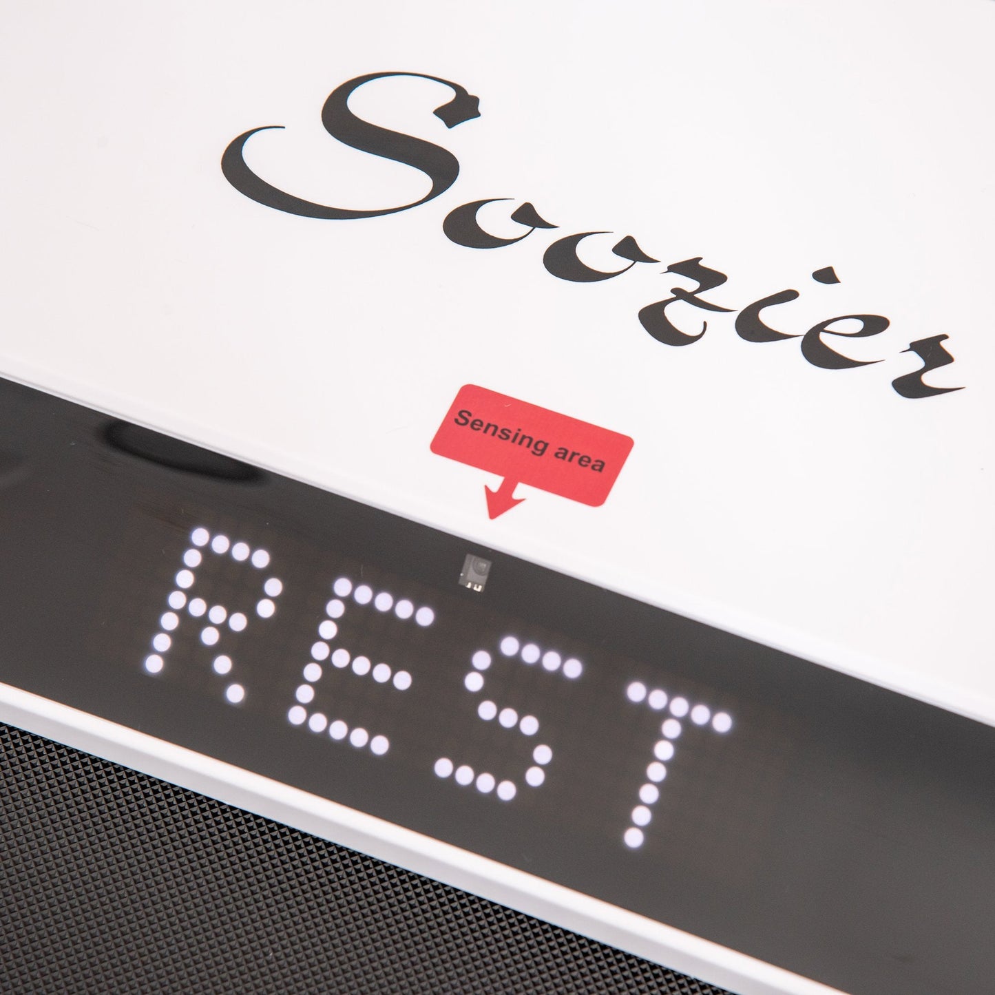Digital display with 'REST' text on a white background, featuring the brand 'Snoozier'.