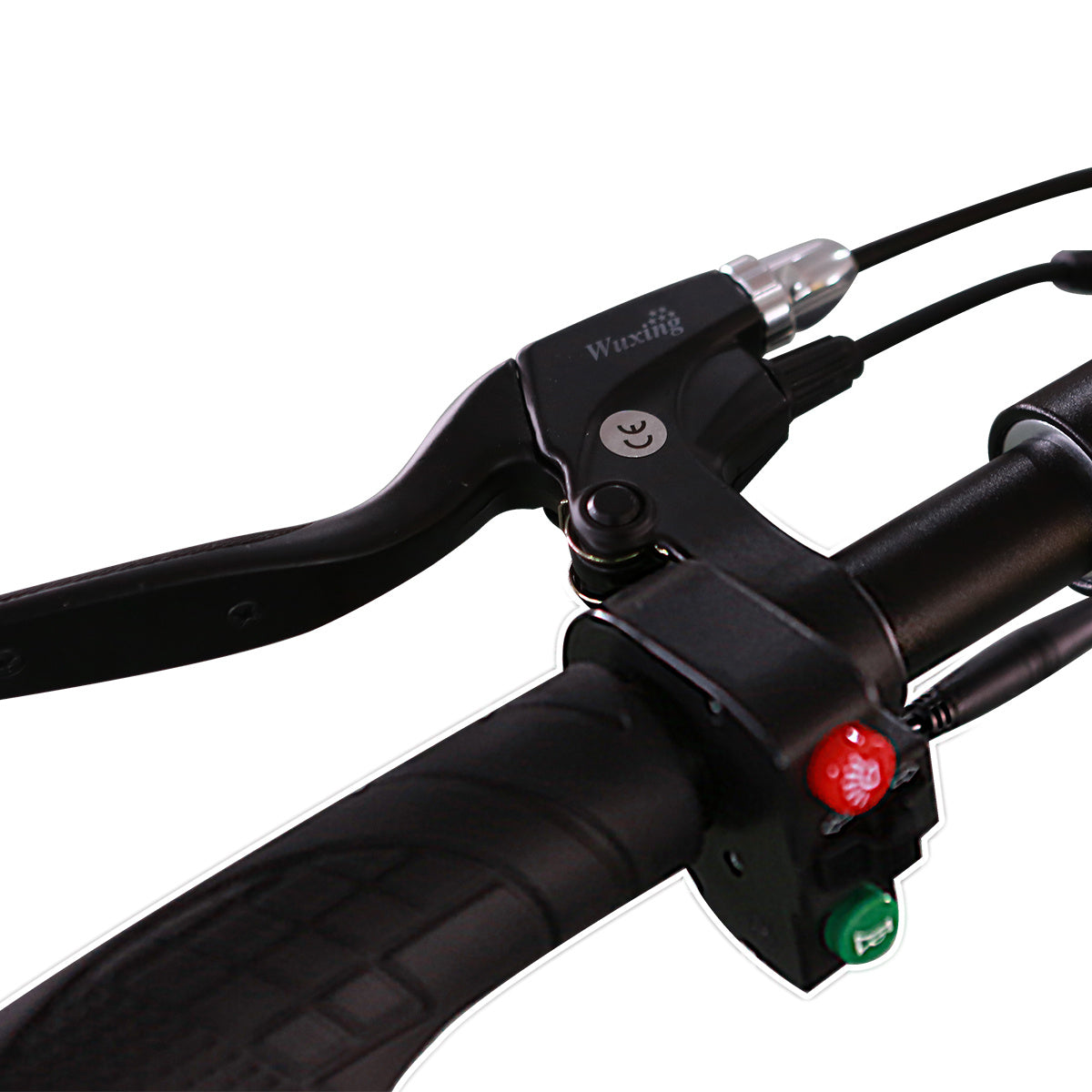 Close-up of motorcycle handlebar controls with visible brand name on a white background