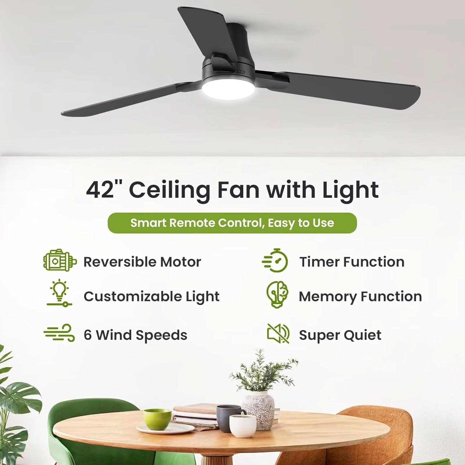 Ceiling fan with light fixture in a room with a table and chairs.