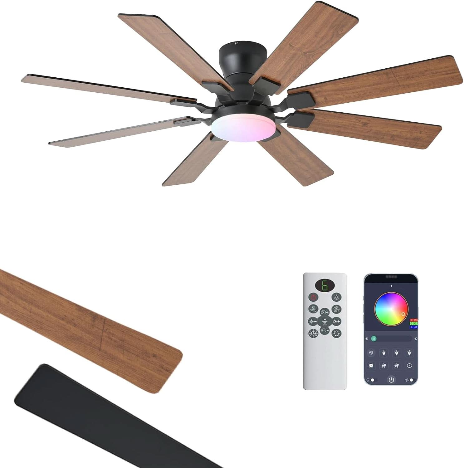 Ceiling fan with wooden blades, remote control, and smartphone app on a white background