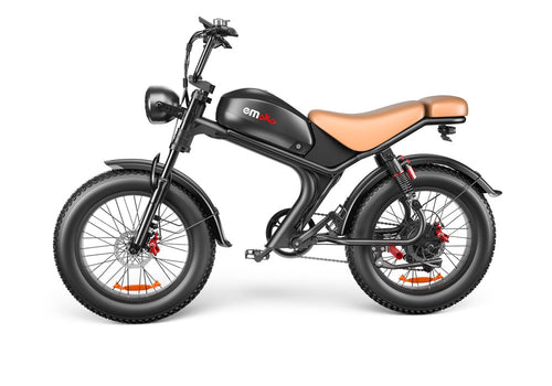 Black electric bike with a brown seat on a white background