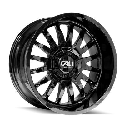 Gloss black alloy wheel with 'Cali Off-Road' branding on a white background.  Best automotive parts and accessory online shop. Axis-Dynamics.
