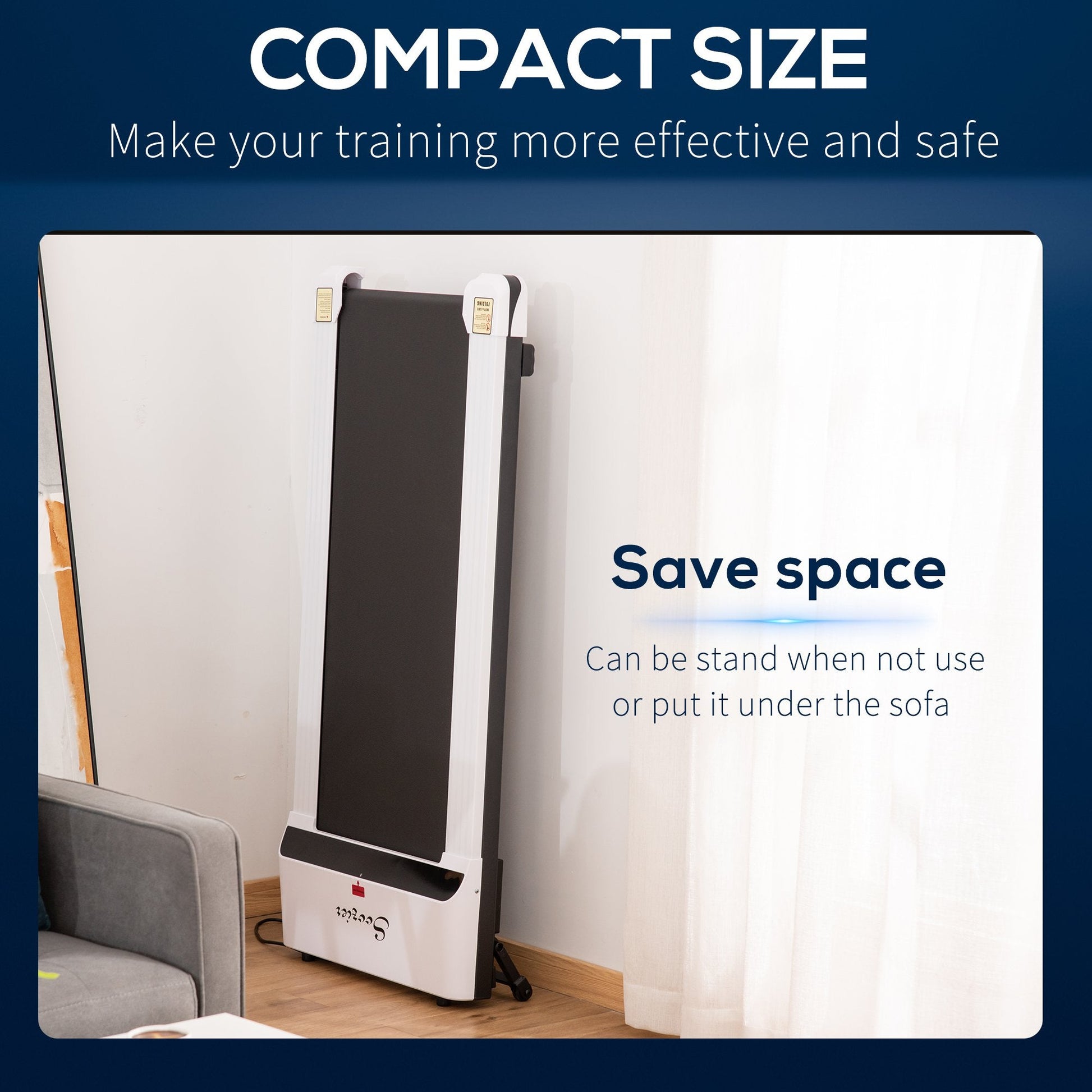 Compact treadmill for pets with text highlighting its space-saving feature.