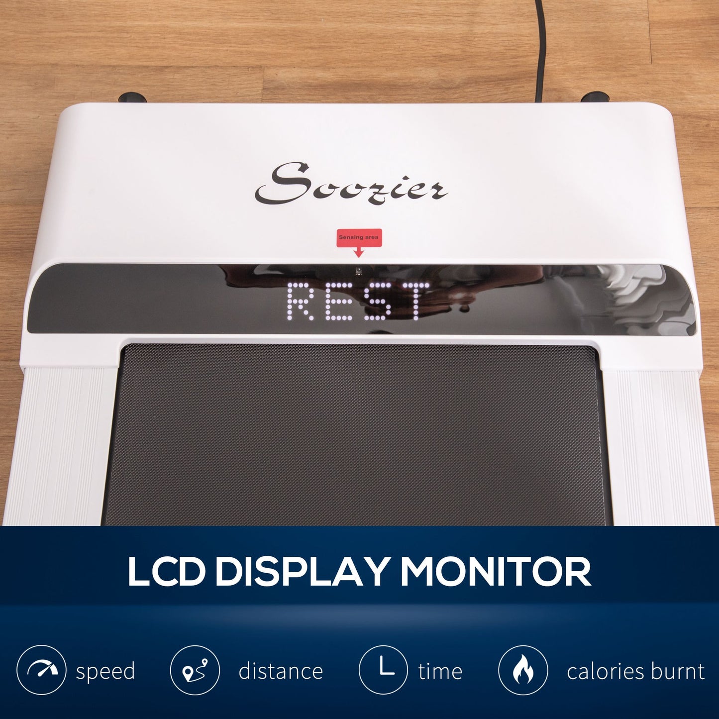 Scoozier treadmill with LCD display monitor on a wooden floor