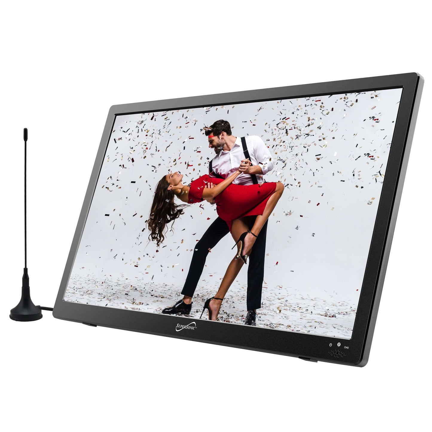 Digital photo frame displaying an image of a couple, with a microphone on a white background.