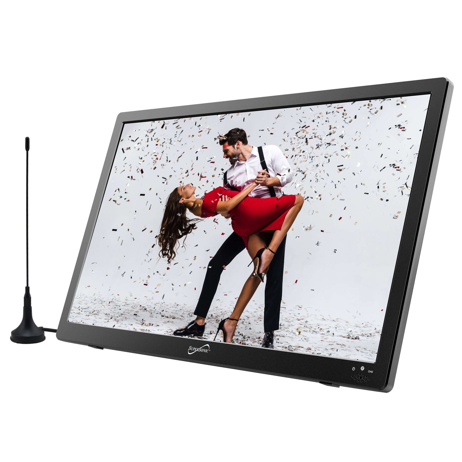 Digital photo frame displaying an image of a couple, with a microphone on a white background.
