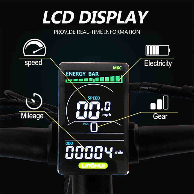 Digital display on a bicycle handlebar with various indicators and text.
