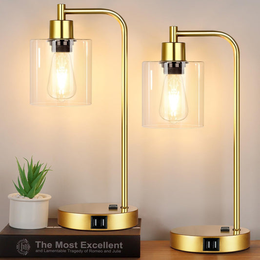 Two gold table lamps with glass shades on a wooden surface, featuring a plant and book in the background.