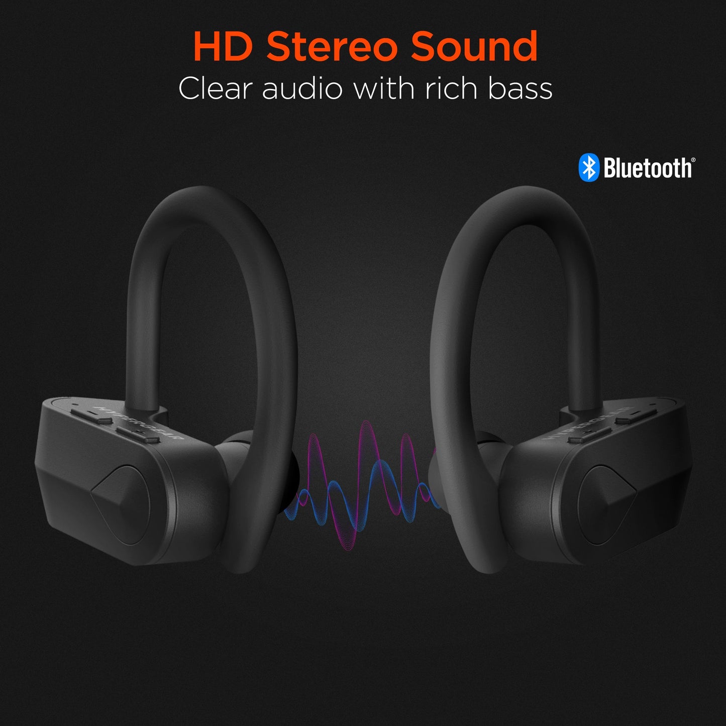 Black wireless earbuds with Bluetooth logo on a dark background, highlighting HD stereo sound and clear audio with rich bass.