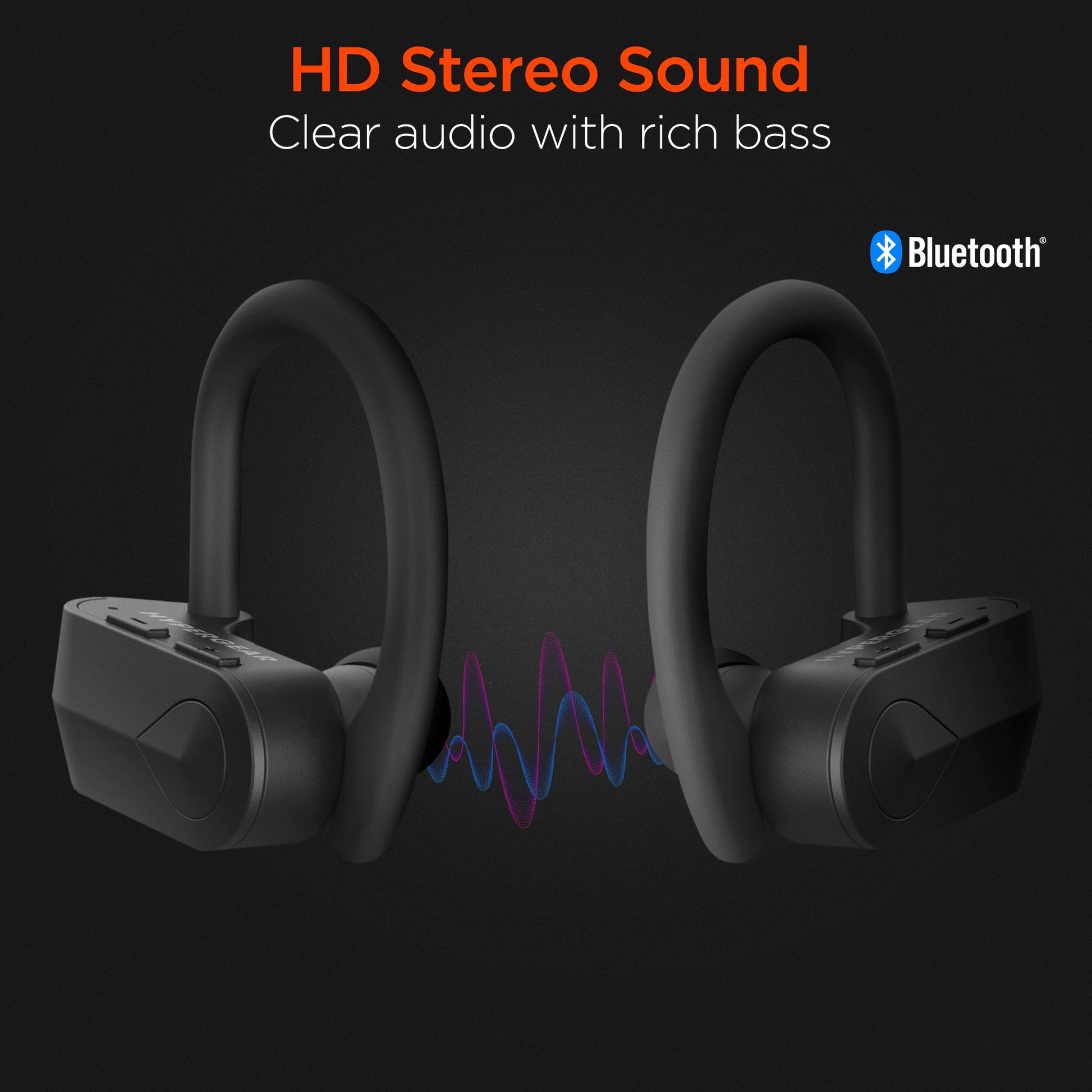 Black wireless earbuds with Bluetooth logo on a dark background, highlighting HD stereo sound and clear audio with rich bass.