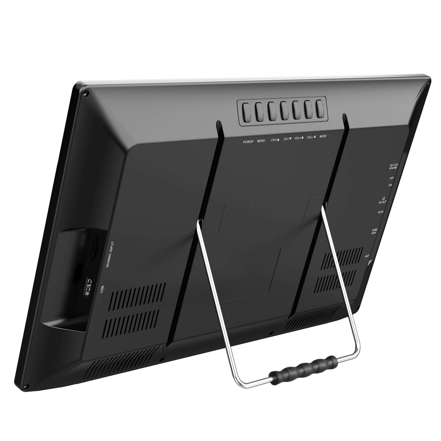 Black electronic device with stand on a white background