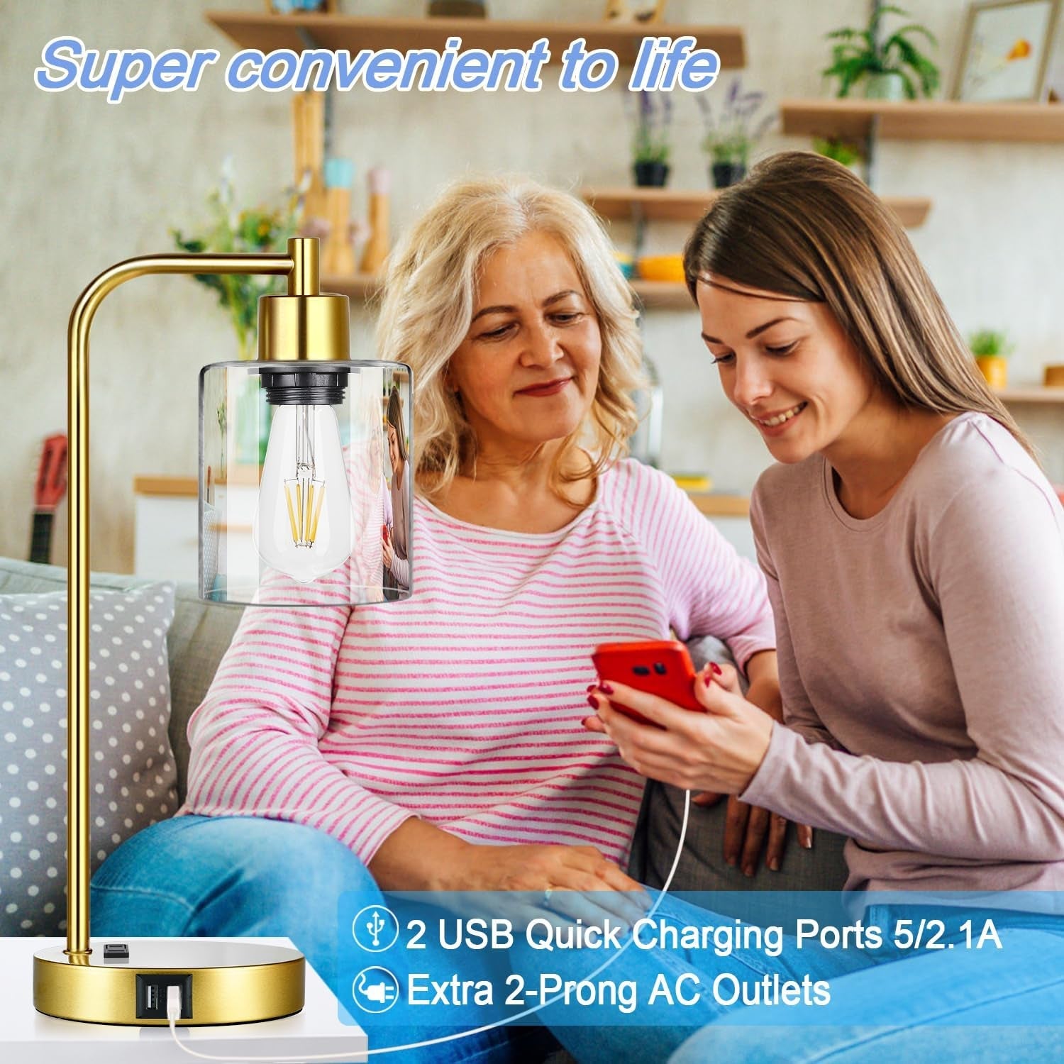 Two women using a smartphone with a gold lamp and USB charging ports in the foreground.