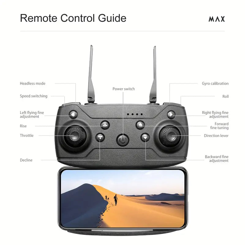 Remote control guide with a drone controller and smartphone displaying a desert scene.