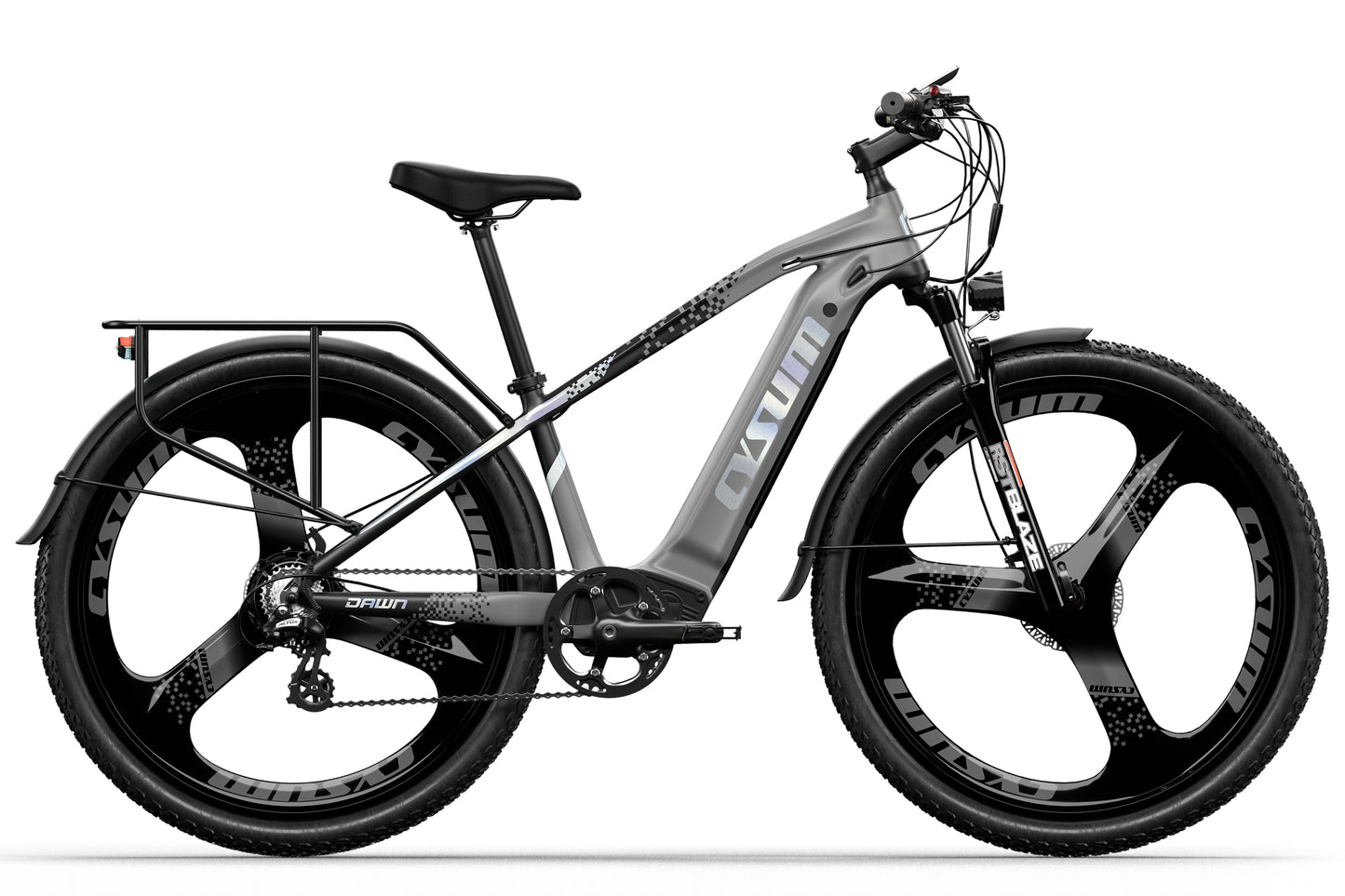 Electric bicycle with a gray frame and black tires on a white background