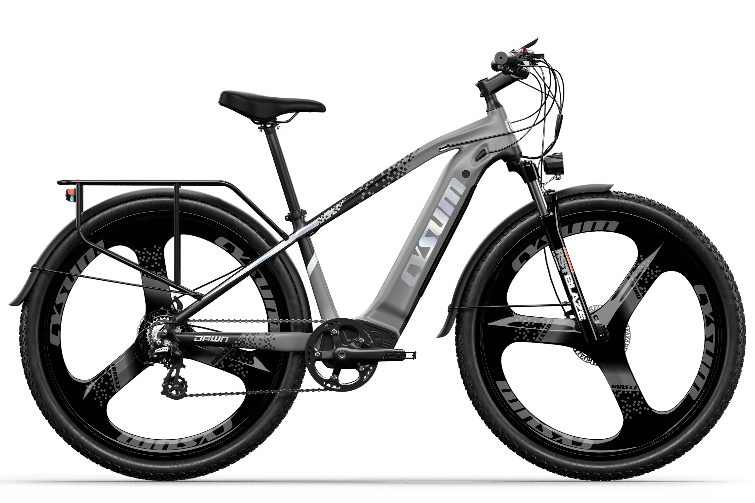 Electric bicycle with a gray frame and black tires on a white background