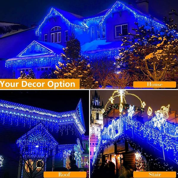 House exterior with blue LED string lights on roof, windows, and stairwell.
