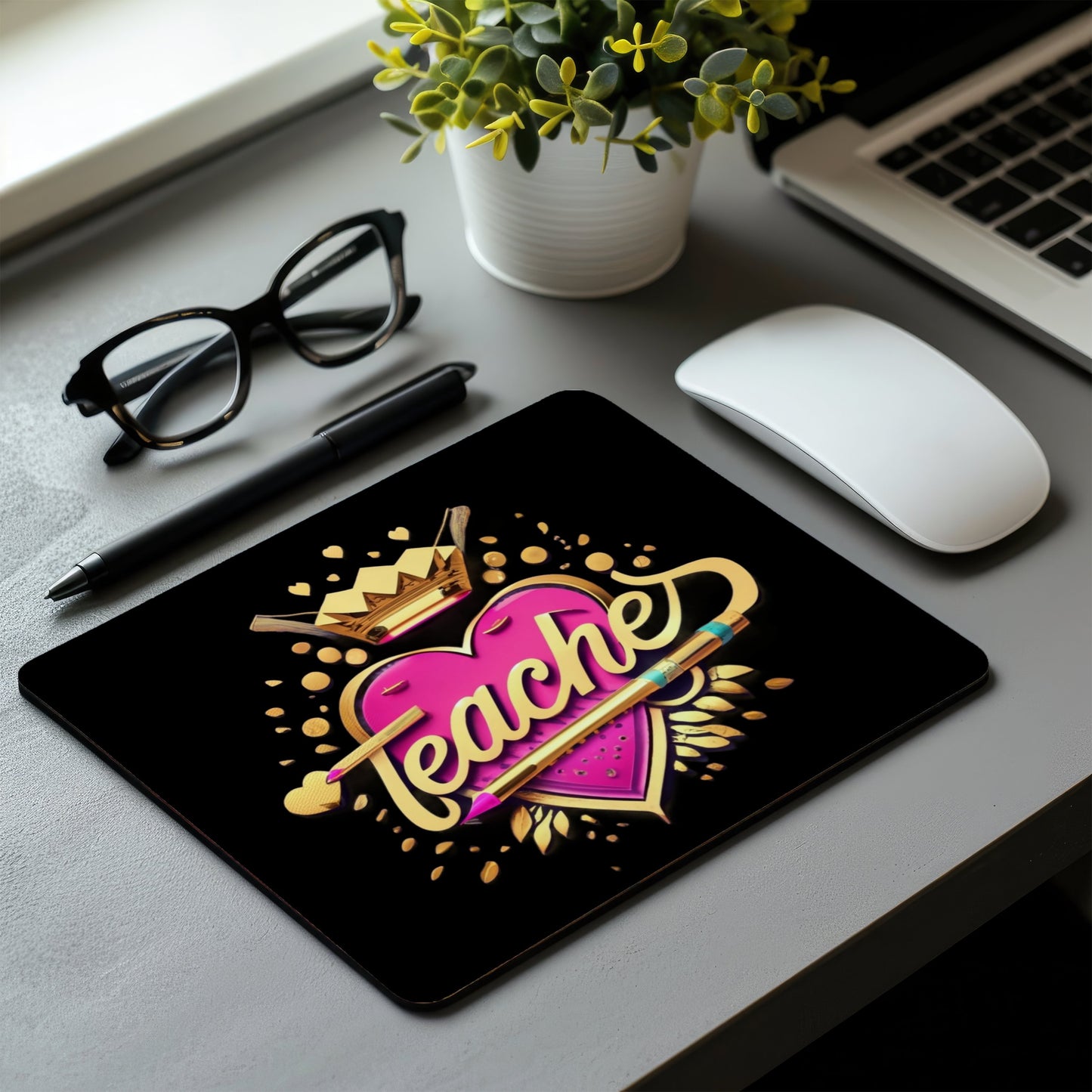 Black mouse pad with 'Teache' design on a desk with glasses, pen, and mouse. magnetic switch rapid trigger gaming keyboard. Axis-Dynamics