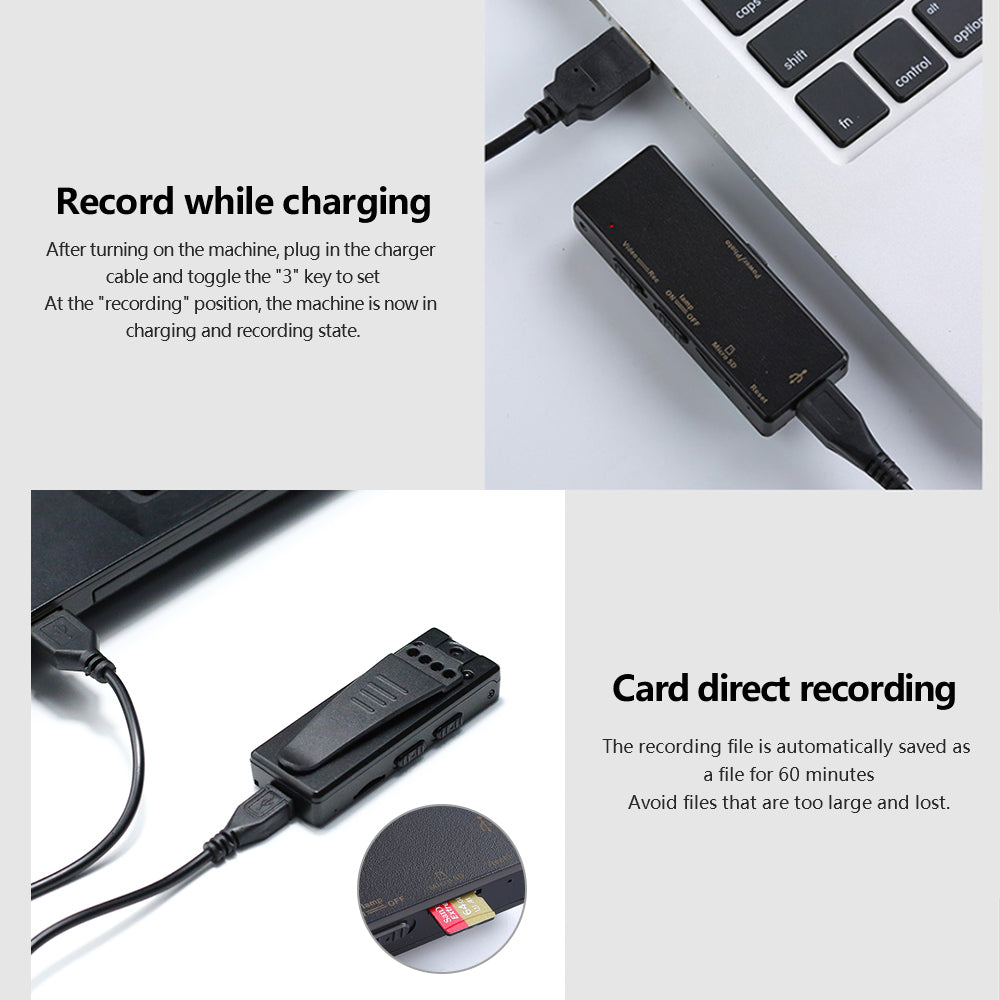 Laptop with USB device connected, showing charging and recording features.