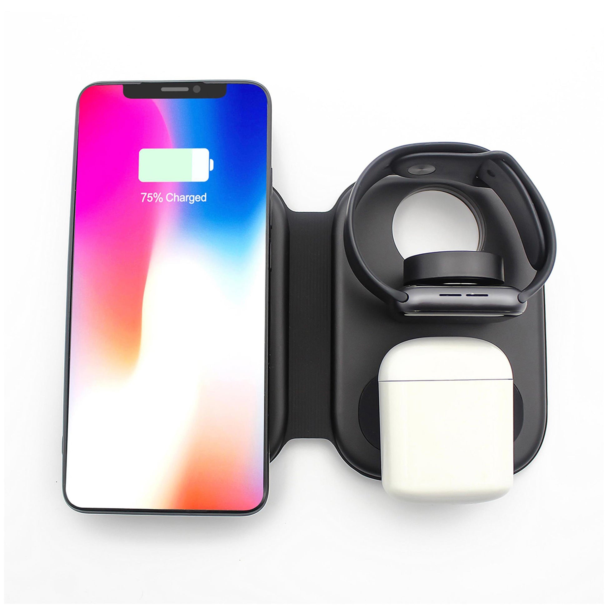 Wireless charging station with smartphone, smartwatch, and wireless earbuds on a white background